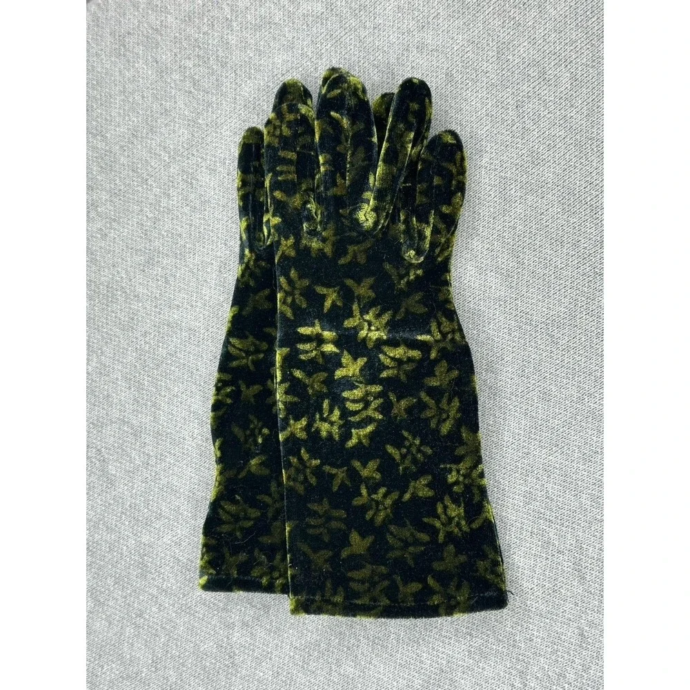 Velvet Retro Gloves Green Black Womens Sz S/M